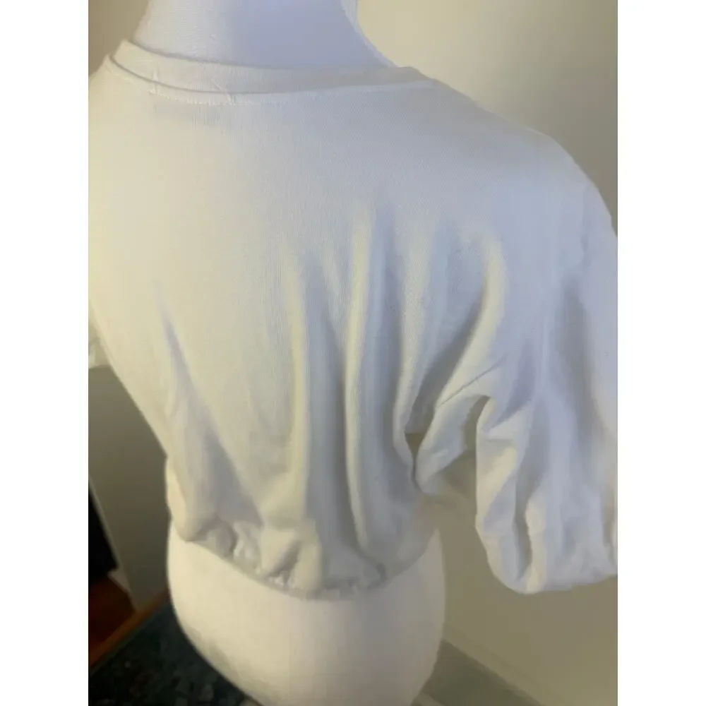 Zara Womens Short Puff Sleeve Minimalist Elastic Cropped Blouse Top White Small